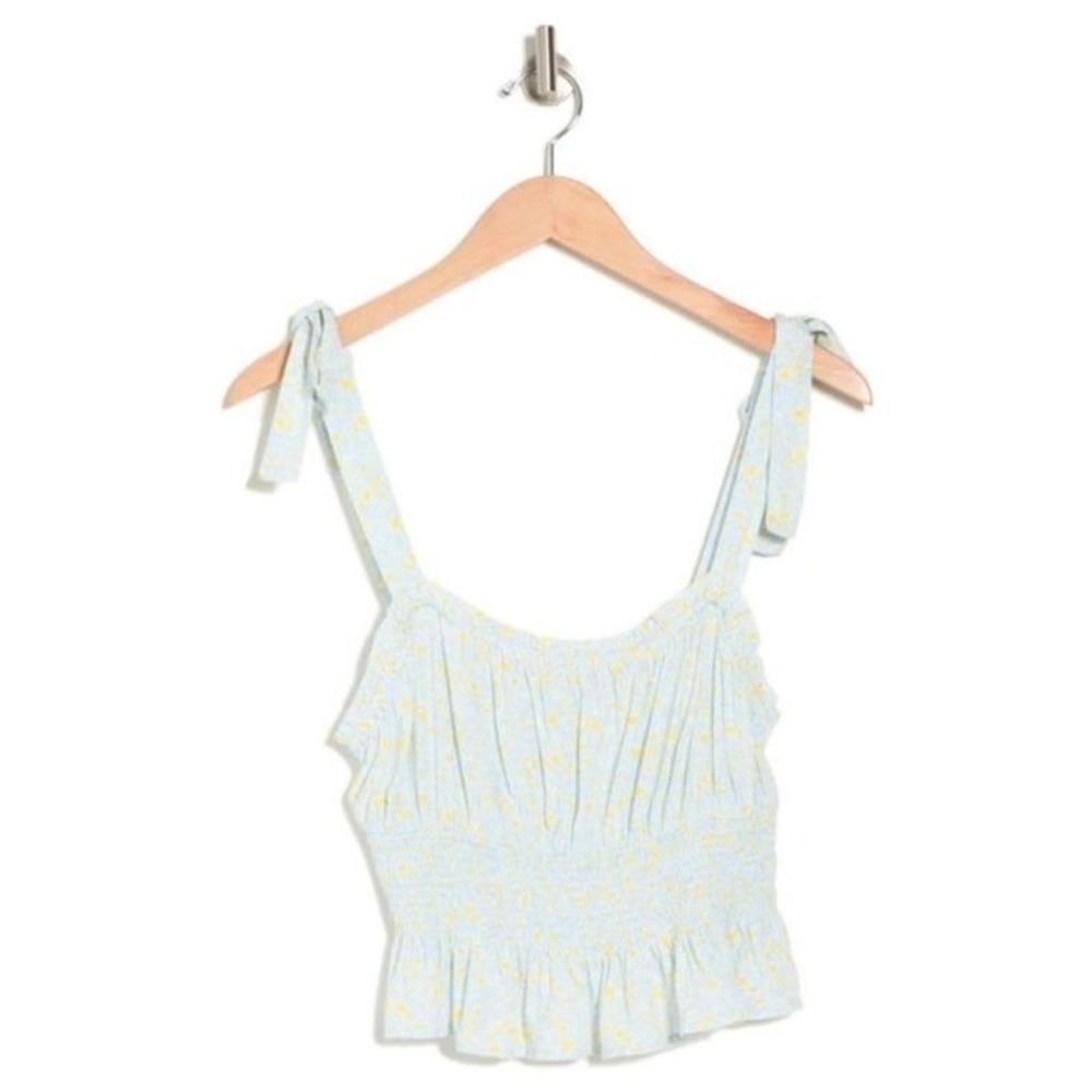 Elodie Women's Scoop Neck Floral Smocked Tie Shoulder Top Blue Yellow Medium